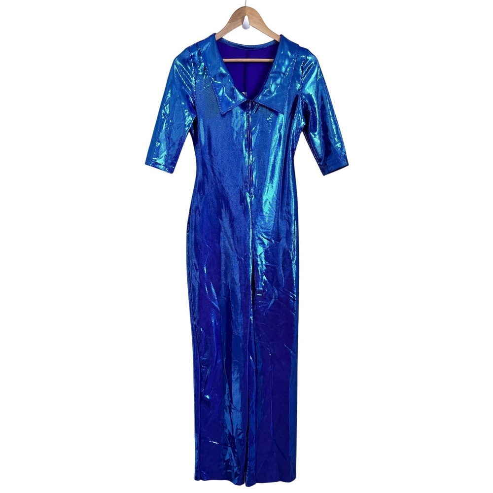 Vintage 80s Marcias Womens Disco Metallic Jumpsuit Medium Blue Rave Festival